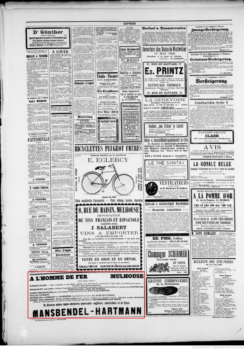 Journal L'Express de Mulhouse du 7 mai 1892 (p.4) : toutes dernières nouveautés anglaises, américaines et de Paris.